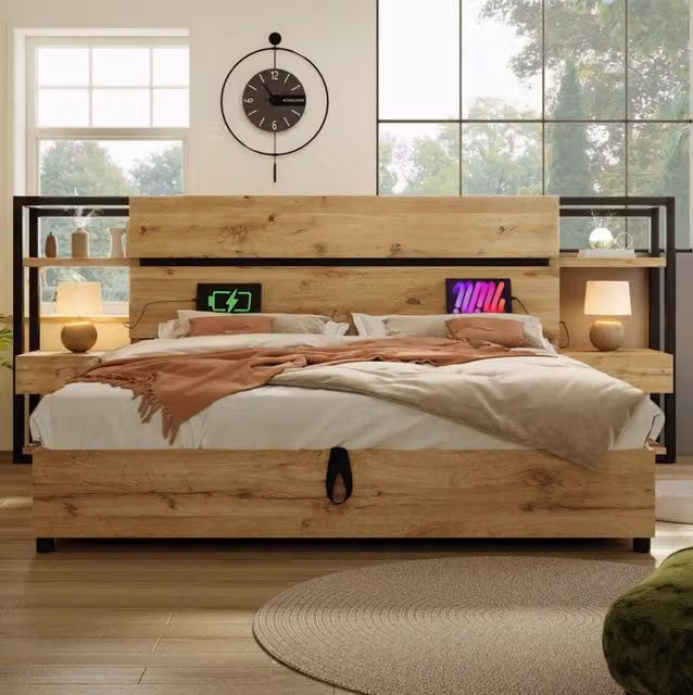 Letto matrimoniale 180x200 cm con contenitore, cassetti e ricarica USB/USB-C in MDF rovere