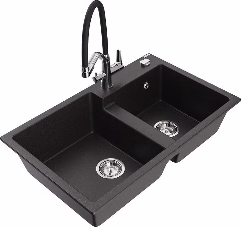 Mexen Tomas lavello da cucina in granito a 2 vasche con miscelatore Duo, nero/oro metallico - 6516-75-671701-07