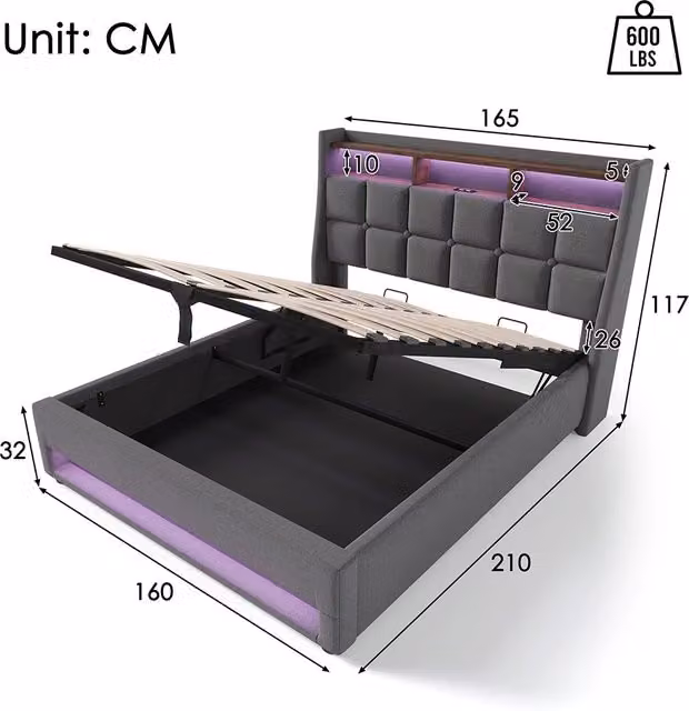 Letto a cassettoni imbottito - Xylo - 160x200 cm - Grigio - USB LED per adolescenti