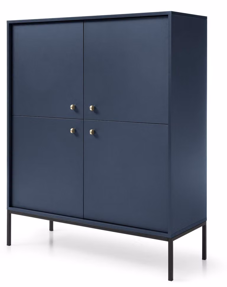 Comodino con quattro ante, colore blu navy, maniglie nere, dimensioni 104 x 39 x 126 cm