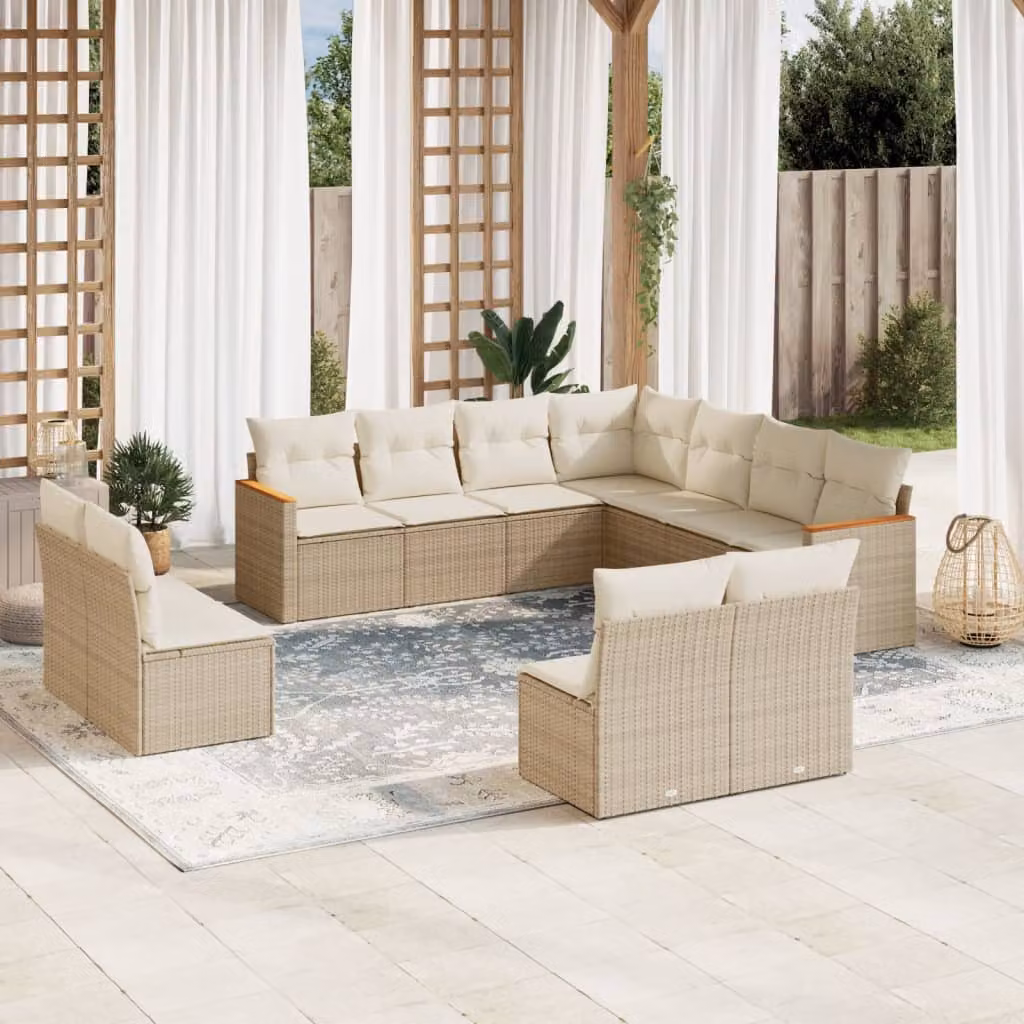 vidaXL Set Divani da Giardino 11 pz a Forma a U in Polyrattan con Cuscini Beige e Struttura in Acciaio Verniciato a Polvere – 1