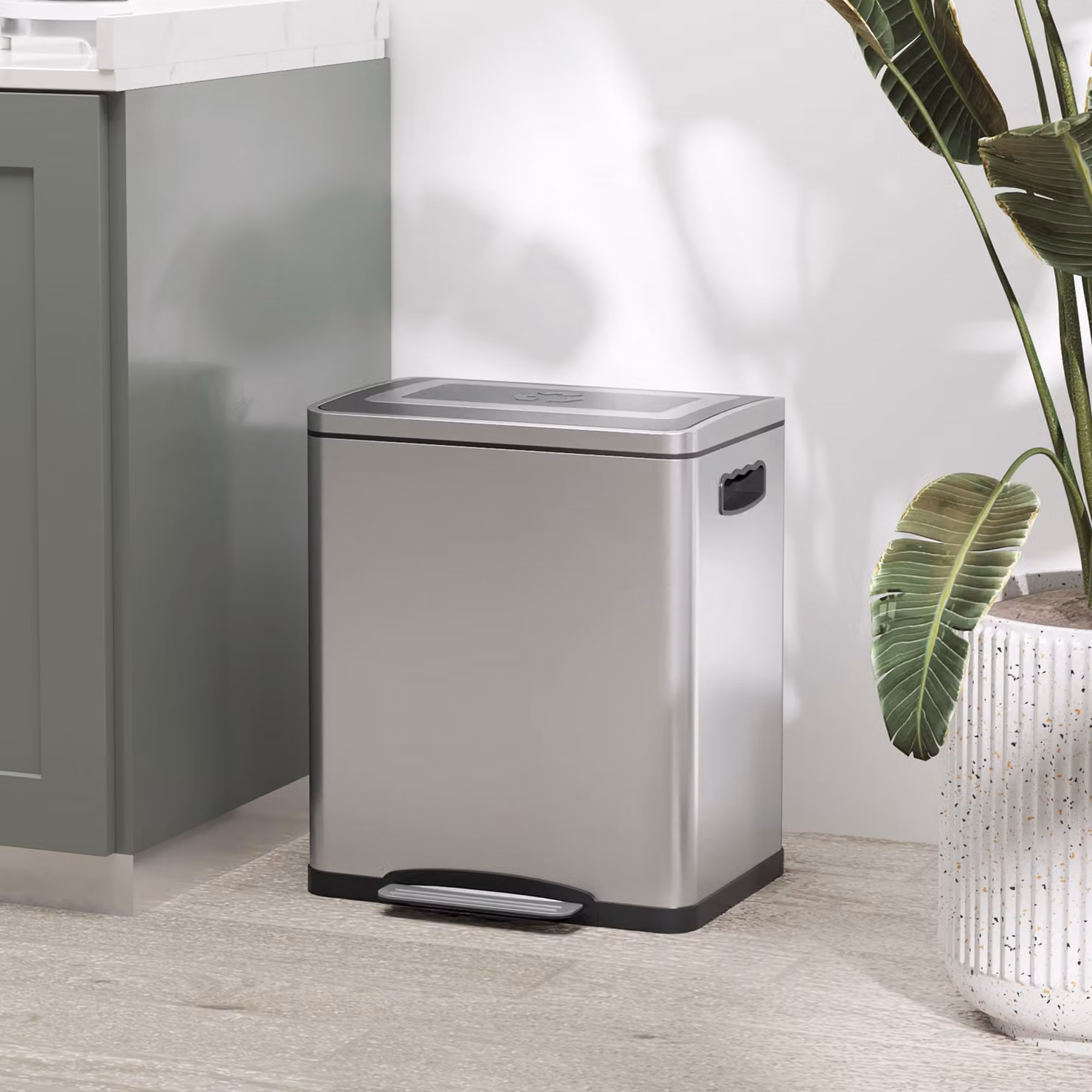 Bidone Immondizia a 2 Sezioni HOMCOM da 15L con Pedale e Coperchio Silenzioso, Acciaio Inox e PP, Colore Argento, L/P/H: 40 x 34.8 x 47.5 cm – 2