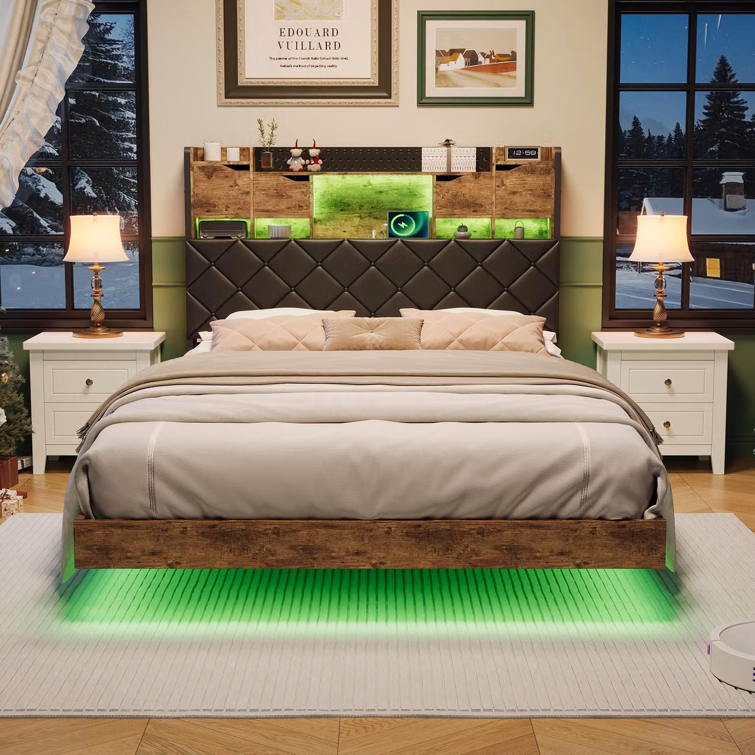 Letto imbottito UnboxG, letto galleggiante 160×200 cm con illuminazione a LED, testata e contenitore, letto matrimoniale moderno per camere da letto, salvaspazio ed elegante