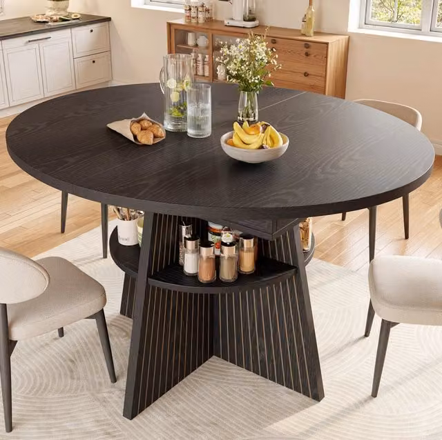 Tavolo da pranzo trasformabile nero in MDF con ripiano aperto, 110-150 x 110 cm