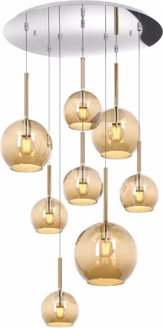 Lampadario a sospensione contemporaneo Top Light Future in metallo cromato e vetro ambra con 8 luci E27