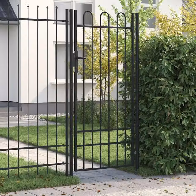 Cancello singolo per recinzione vidaXL in acciaio con parte superiore ad arco, Nero, L: 100 cm, H: 200 cm