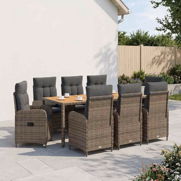 Set da pranzo per esterni vidaXL in rattan e legno di acacia, 9 pezzi, grigio, ideale per giardino, balcone o terrazza