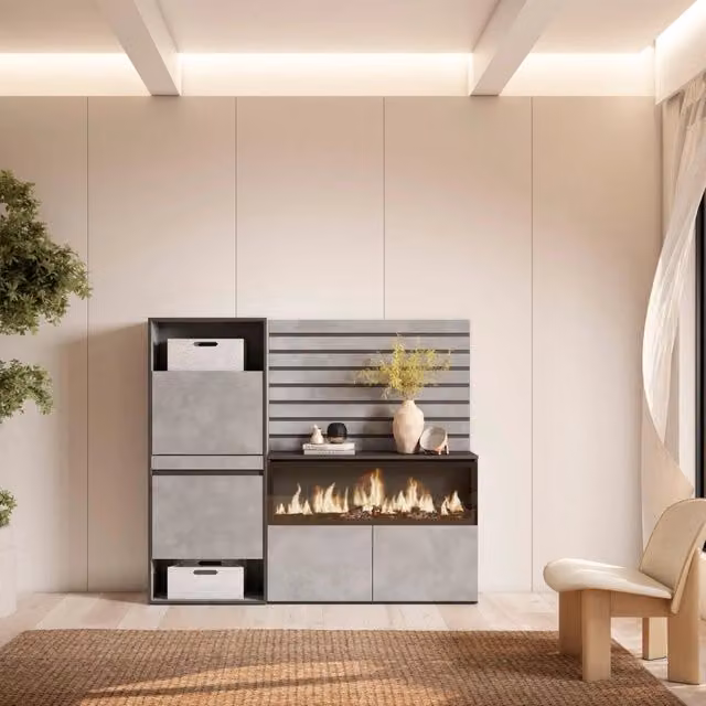 Scarpiera, 167x35x145cm, Camera da letto, Camino elettrico XXL, Pannelli Decorativi, grigio cemento RF3558