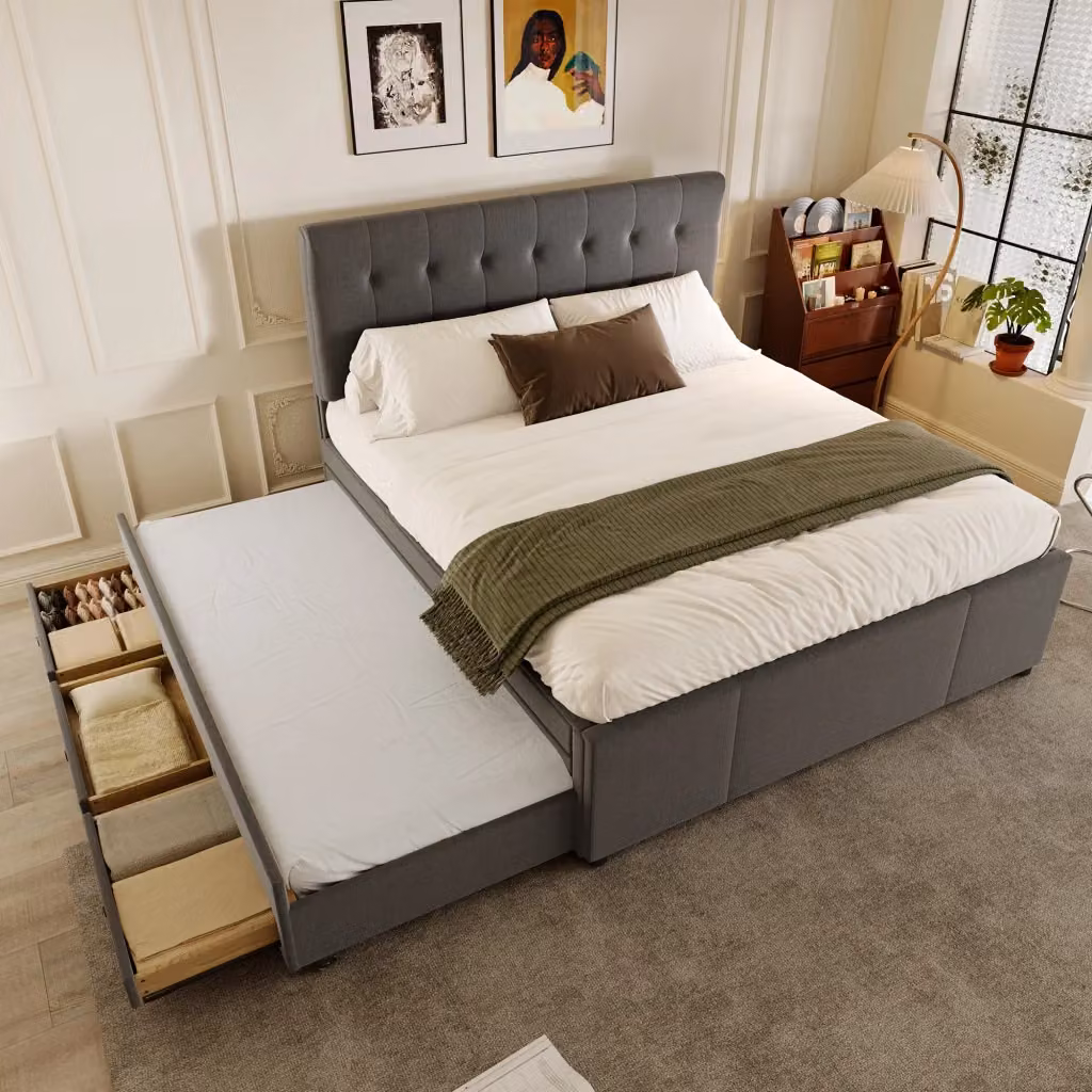 Letto estraibile REDOM con 3 cassetti in tessuto grigio L/P/H: 140 x 200 cm – 2