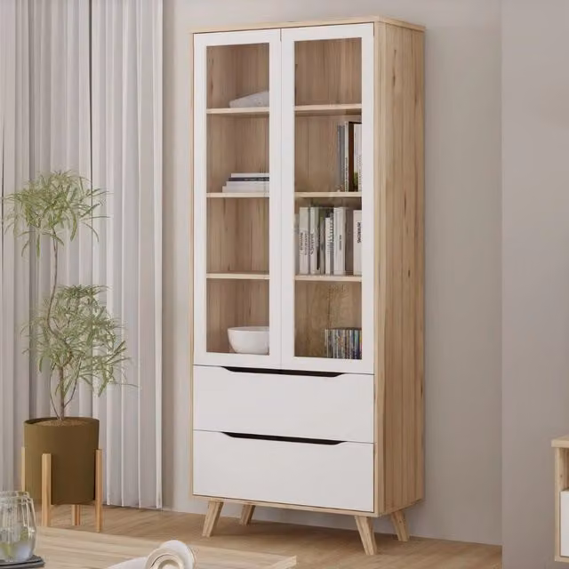 Vetrina Axis 2 Ante in Vetro e 2 Cassetti Rovere e Bianco – Eleganza Moderna e Massima Luminosità
