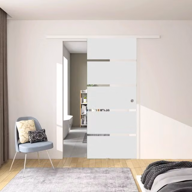 Porta Scorrevole Interna Reversibile AICA ITALY in Vetro Temperato Opaco con Fasce Bianche Serigrafate e Binario in Alluminio Bianco L: 92 cm, H: 215 cm