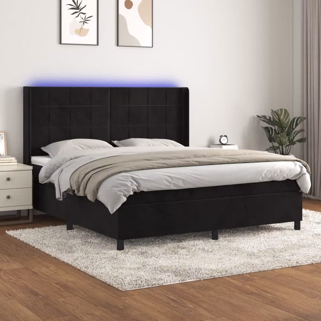 Letto Ibrido vidaXL con Materasso, Illuminazione LED Sotto il Letto e Porte USB, Rivestimento in Velluto Nero, L/P: 180 x 200 cm – 1