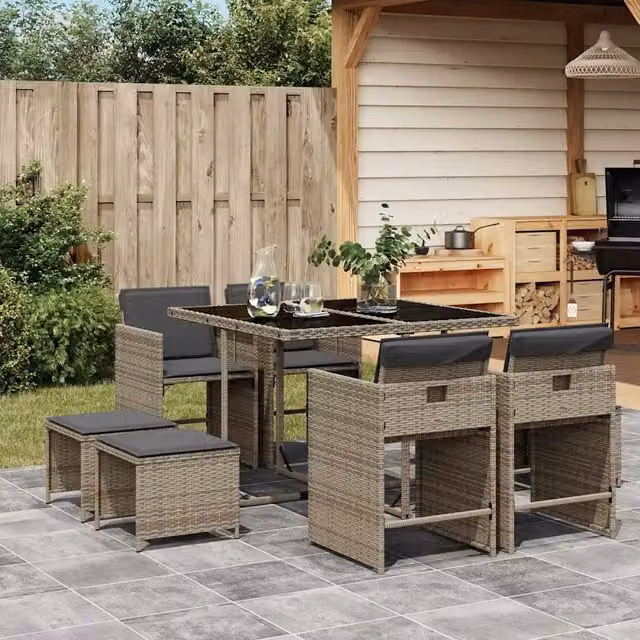 Set da pranzo da giardino vidaXL in polyrattan e vetro, 9 pezzi, grigio e nero – 1