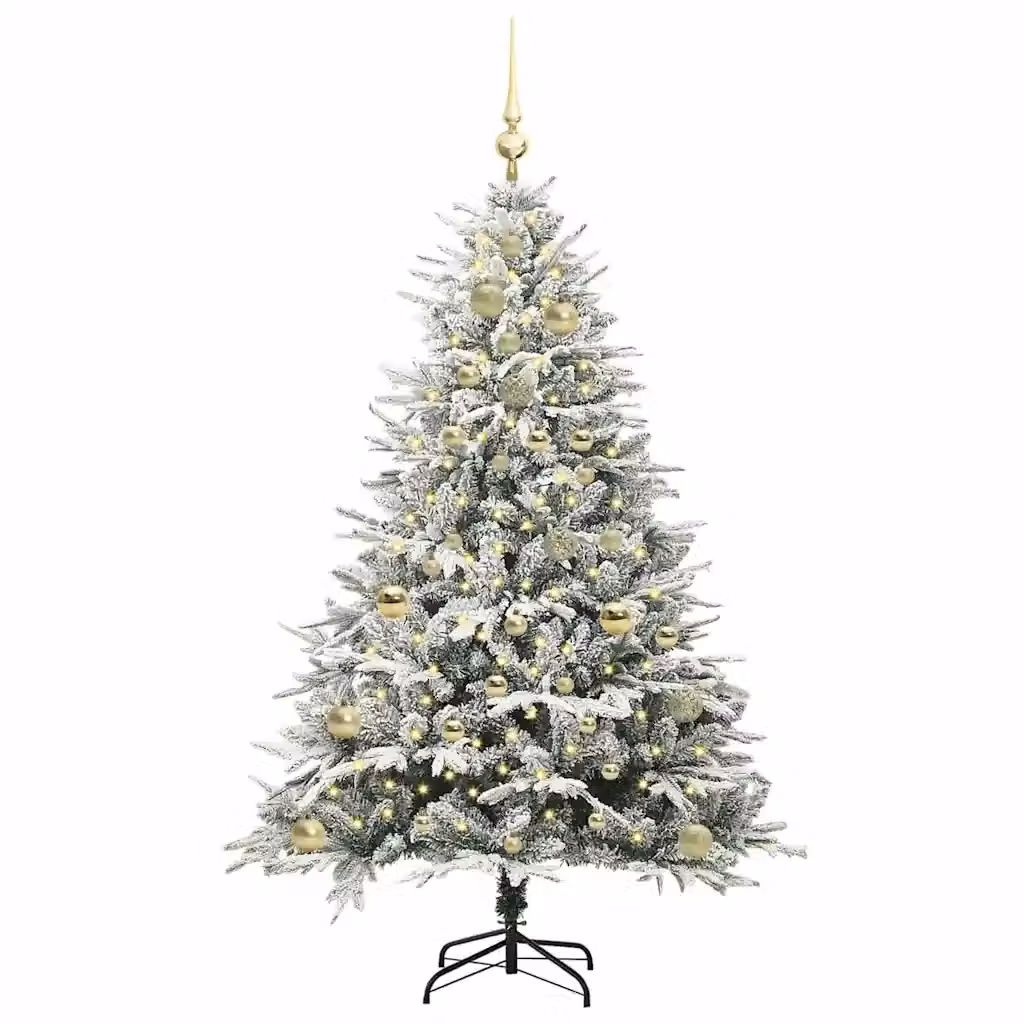 Albero di Natale artificiale preilluminato con LED bianco caldo e set di palline vidaXL, verde, Altezza: 150 cm, Diametro: 40 cm – 2