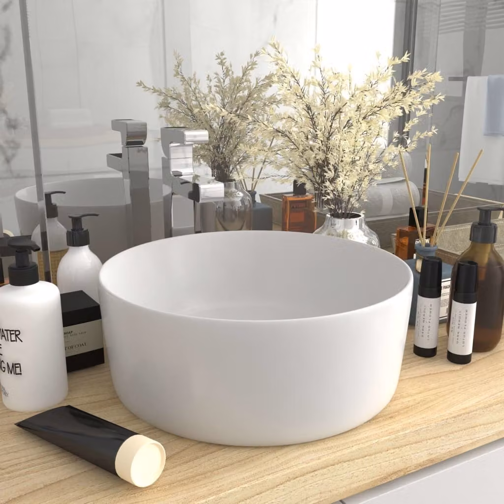 The Living Store Lussuoso lavabo rotondo bianco opaco 40x15 cm in Vetroceramica