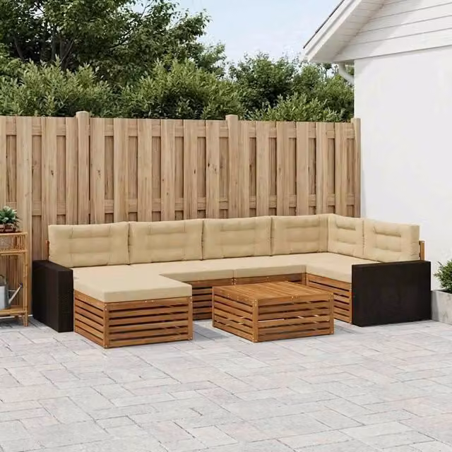 Set di divani da esterno a L vidaXL in legno di acacia con pouf e tavolino, 7 pezzi, Beige – 1