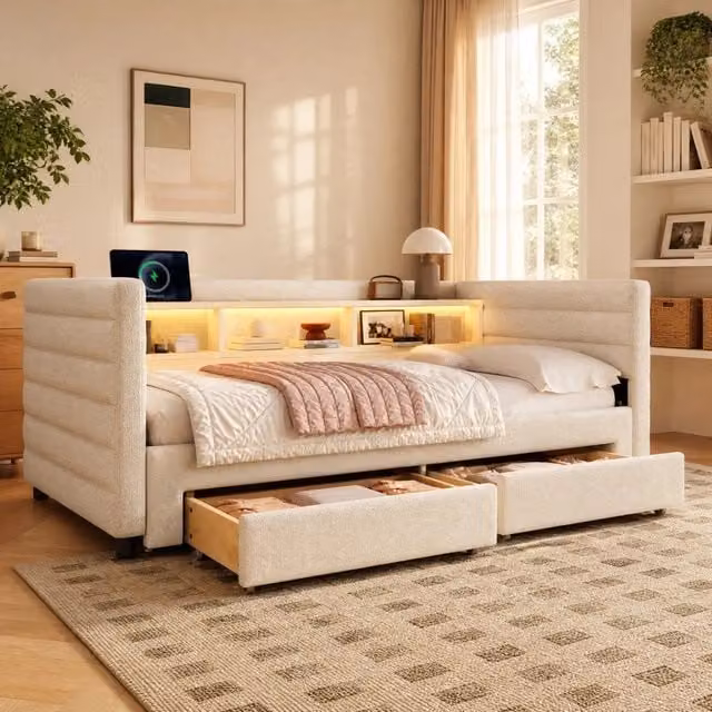 Letto da giorno estraibile 90x190 cm con LED; USB e Type-C; 2 cassetti; velluto beige