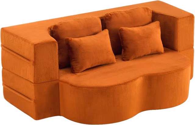 Divano letto pieghevole Chicfurn in velluto arancione con 4 cuscini per soggiorno e camera da letto