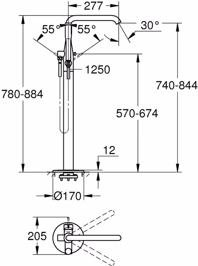 Grohe Essence Mitigeur monocommandé pour bain, montage au sol, orientable, saillie 277mm, avec accessoires, 25248DL1, 25248DL1