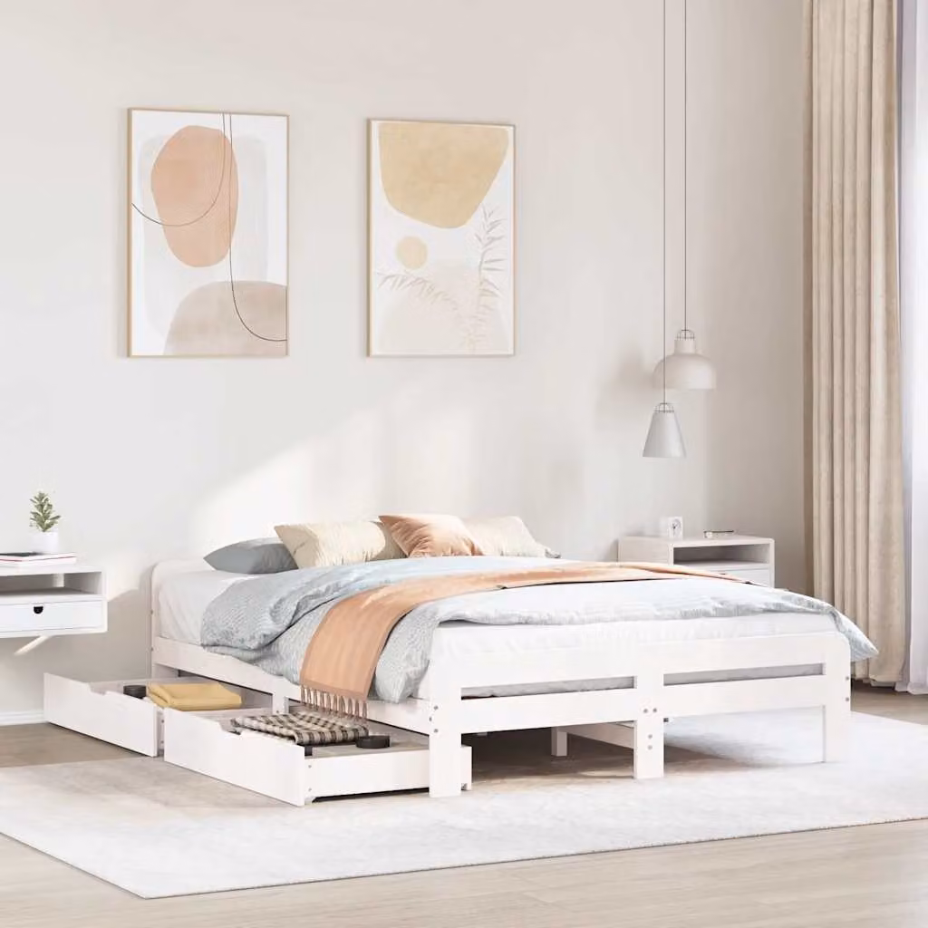 Letto con cassetti vidaXL in legno massello di pino bianco stile rustico L/P/H: 140 x 200 x 144 cm