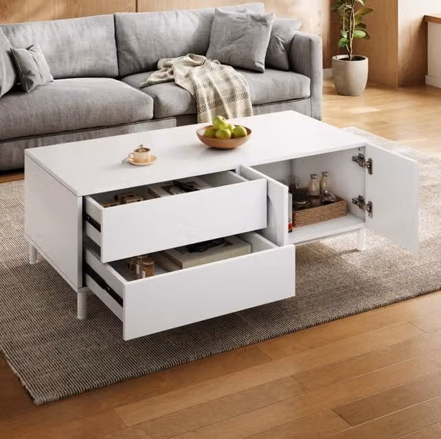 Tavolino da caffè 100x50x39,5 cm bianco con 2 cassetti e 2 ante, truciolare e MDF