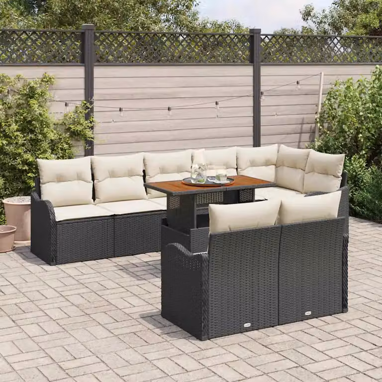 Set Divano da Giardino vidaXL 9 Pezzi in Polyrattan Nero con Cuscini e Contenitore per Archiviazione