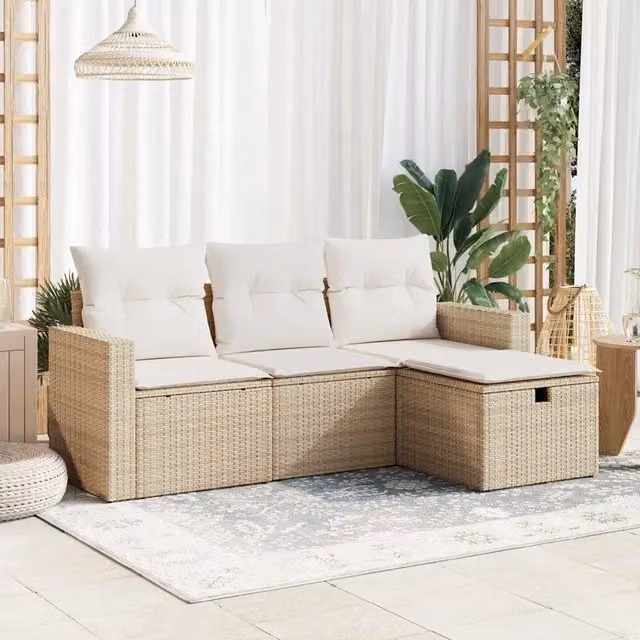 Set Divano da Giardino a L vidaXL in Polyrattan con Cuscini Beige e Struttura in Acciaio, 4 Pezzi