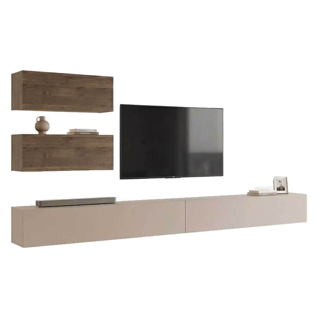 Parete Attrezzata Mobile Soggiorno Suisio DMORA, Design Moderno con 4 Ripiani e Ante a Battente, Beige e Marrone – 2