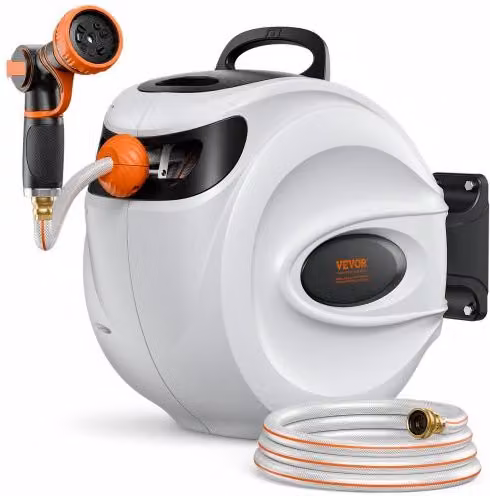 Avvolgitubo Retrattile VEVOR Bianco con Ugello a 9 Modelli e Sistema di Riavvolgimento Automatico, Tubo da 12 mm x 30 m