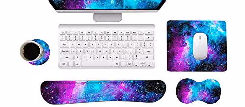 Tappetino per tastiera e mouse, poggiapolsi e sottobicchiere, in memory foam, facile da digitare, sollievo dal dolore, set da 4 pezzi, per computer, laptop, casa e ufficio (galassia blu)