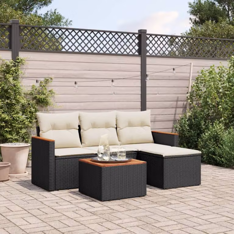 Set di divani da giardino vidaXL in 5 pezzi con cuscini in polyrattan nero e tavolino da esterno