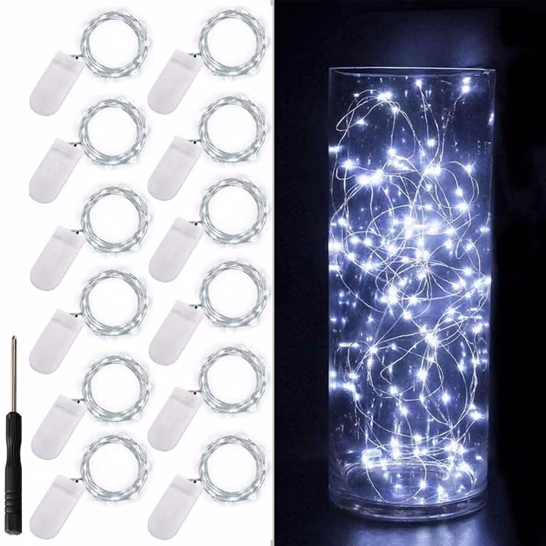 Set di 12 luci a LED, lunghezza 2 metri, 20 LED, luce bianca fredda, alimentazione a batteria