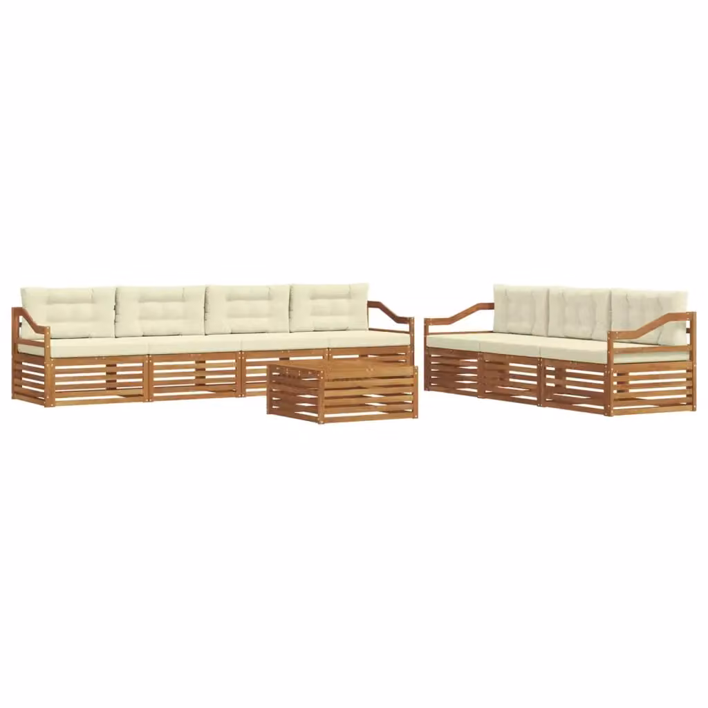 Set di divani da esterno a forma di U con tavolo da caffè vidaXL, 8 pezzi, in legno di acacia e tessuto beige e bianco – 2