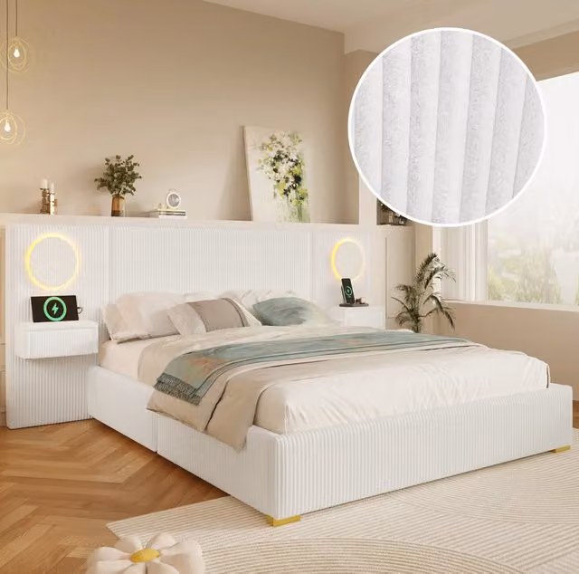 Letto matrimoniale 180x200 cm in velluto beige con LED e USB