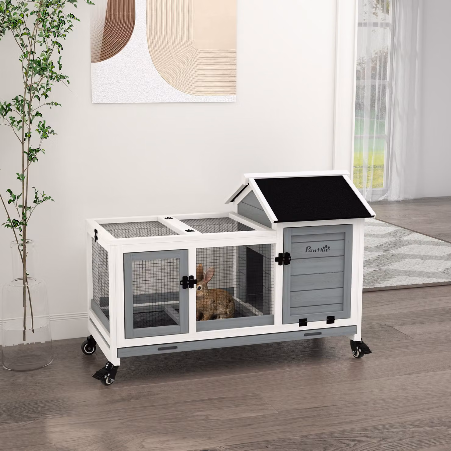 Conigliera in legno PawHut per interno ed esterno con ruote, tetto apribile e vassoio estraibile, Grigio – 2