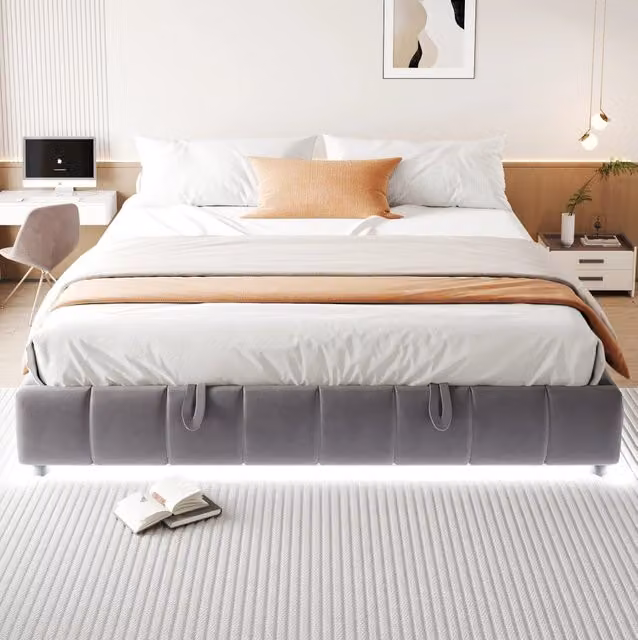 Letto imbottito 180x200 cm senza testiera; con contenitore idraulico e LED; velluto grigio