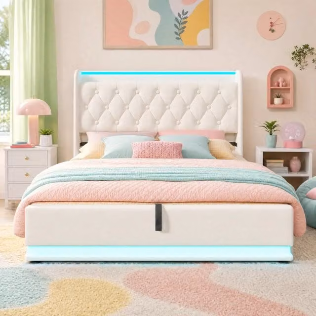 Letto contenitore REDOM in ecopelle bianca con illuminazione LED, porte USB e Tipo-C, L/P/H: 140 x 200 x 104 cm