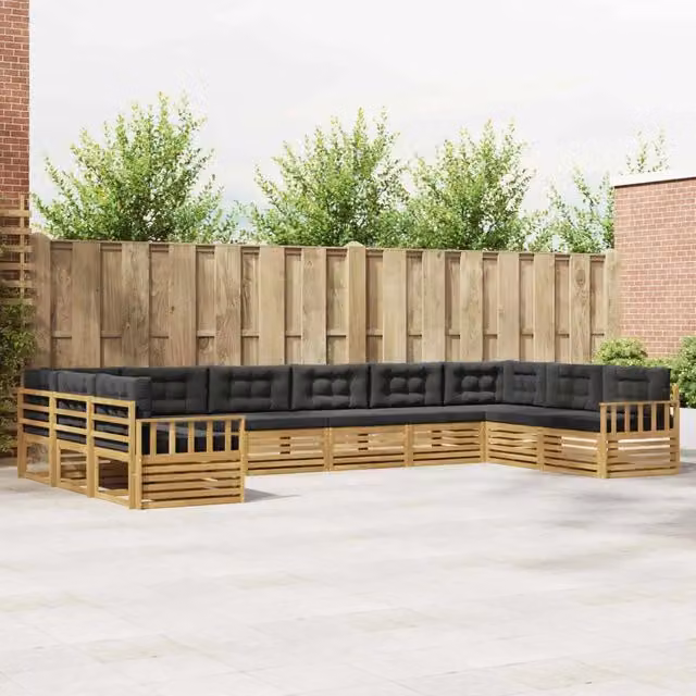 Set di divani da giardino a forma di L vidaXL in legno di acacia con cuscini, marrone e grigio