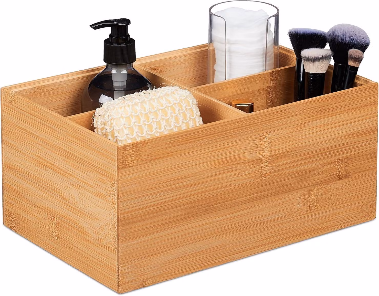 Contenitore portaoggetti in bambù - Impilabile - Ideale per bagno o cucina - 4 scomparti - Scatola portaoggetti senza coperchio - 14x30x20 cm - Colore naturale