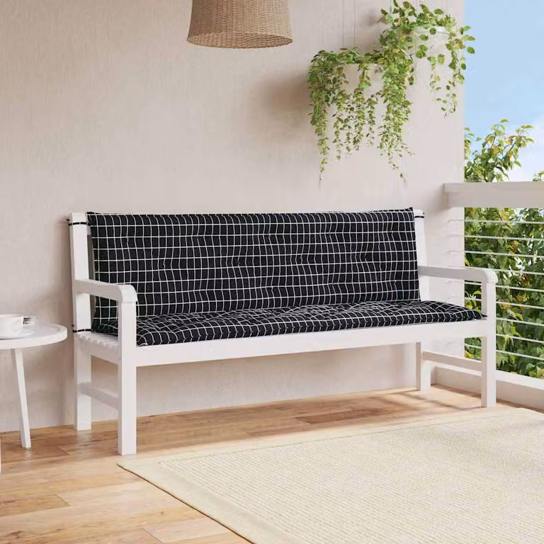 Set di 2 cuscini per panca da giardino vidaXL a quadri nero e multicolore, idrorepellenti e resistenti ai raggi UV, L 150 x P 50 x H 7 cm