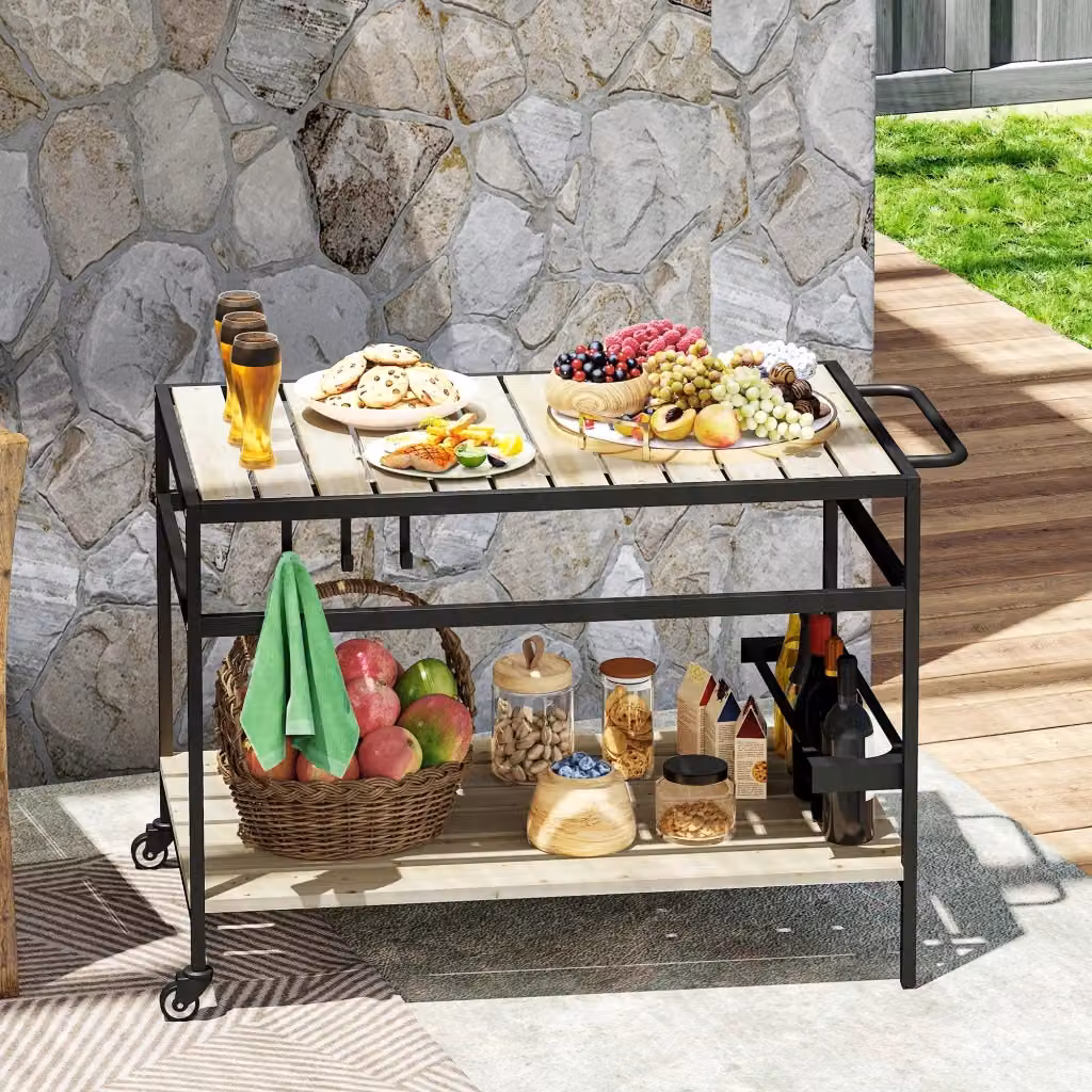 Carrello Portavivande da Giardino Giordanoshop in Legno di Abete e Acciaio, L/P/H: 107 x 65 x 80 cm, Marrone e Nero – 2