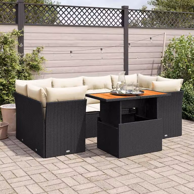 Set Divani da Giardino vidaXL in Polyrattan e Legno di Acacia Oliato con 7 Cuscini Nero e Bianco