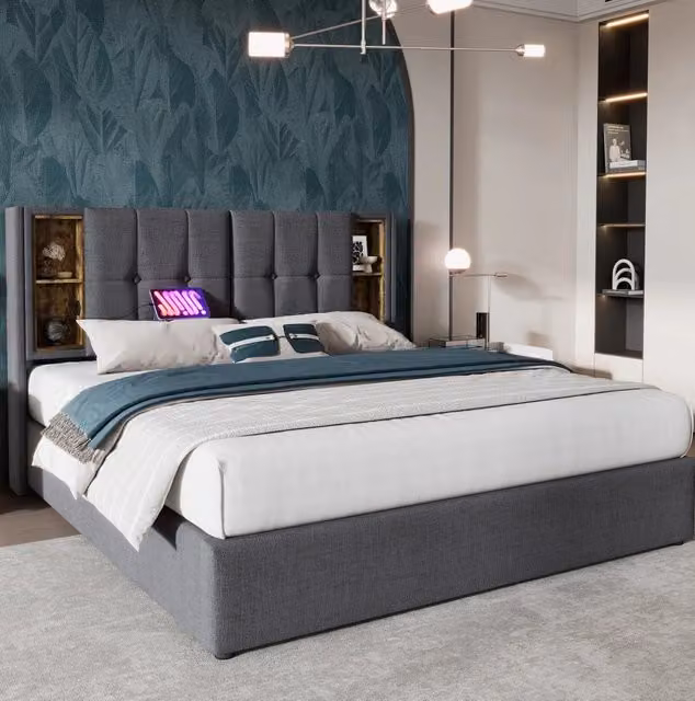 Letto matrimoniale imbottito MODFU grigio con contenitore e ricarica USB, L/P: 160 x 200 cm