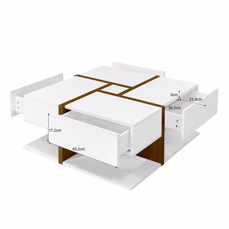 Tavolino Fortuna Lai con 4 cassetti nascosti, stile moderno, design geometrico, tavolo da salotto in legno, bianco
