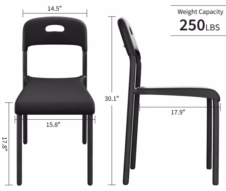 Sedia in plastica impilabile dal design moderno - Sedia da pranzo - Ergonomica - Impermeabile e resistente alle macchie - Gambe in metallo - Salvaspazio - Facile da montare - Colore: nero