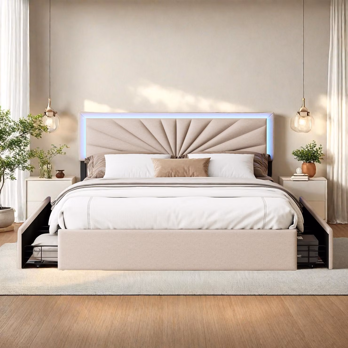 Letto imbottito ProximaX 160×200 cm con testiera a LED - letto in tessuto con 4 cassetti per camera da letto o camera degli ospiti, beige
