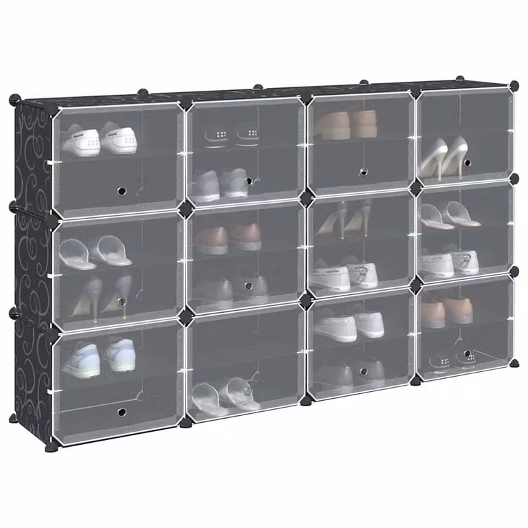 vidaXL Organizzatore Portaoggetti con 12 Cubi e Ante Trasparenti, Nero e Trasparente, L/P/H: 93,5 x 31,5 x 165,5 cm