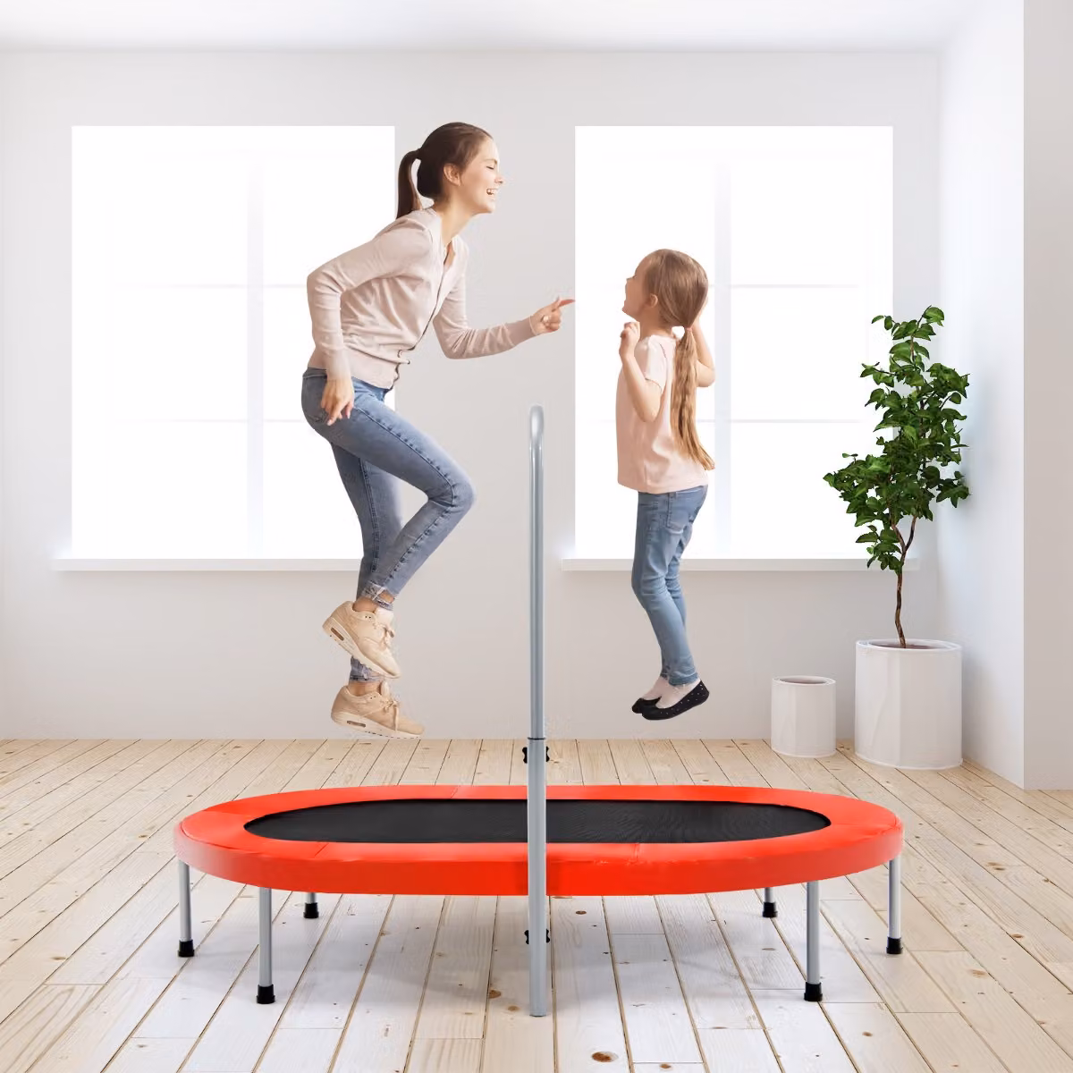 Trampolino doppio Costway ovale pieghevole con maniglia e cuscinetto per bambini e adulti, Rosso