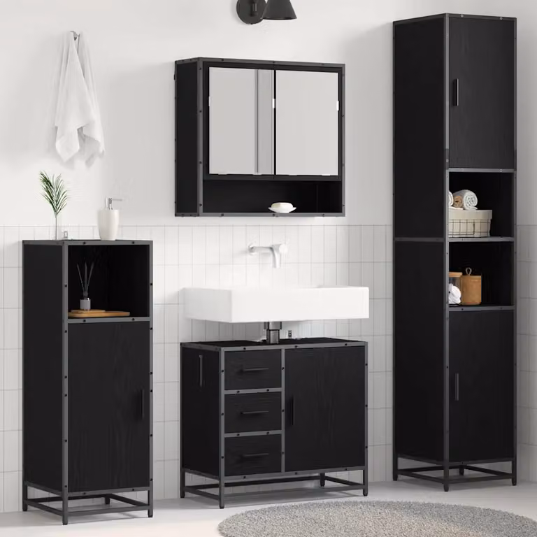 Set di mobili per il bagno vidaXL 3 pezzi in rovere e nero con armadietto a specchio, mobile lavabo e colonna alta