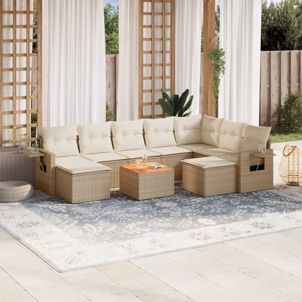 vidaXL Set Divano da Giardino 10 pz in Polyrattan con Cuscini Beige e Tavolino, Design Moderno a L con Ottoman e Coperture Rimovibili – 1